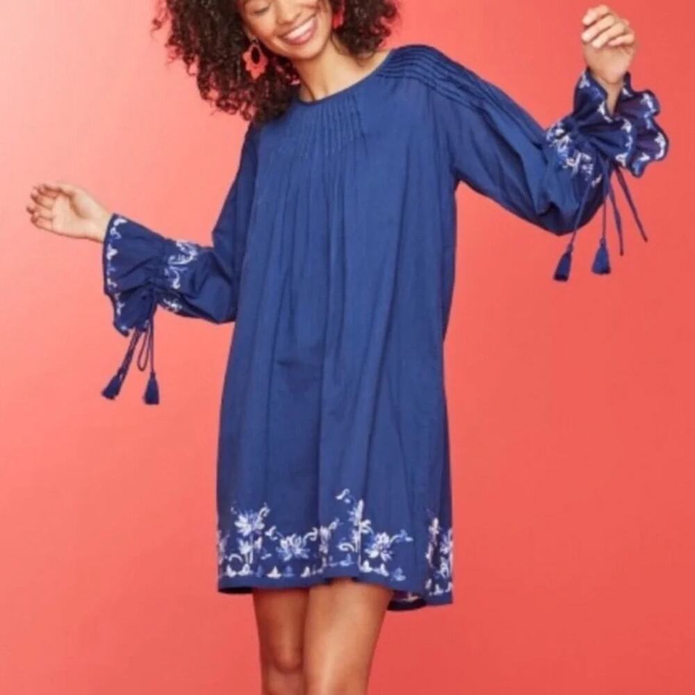 Roller Rabbit Juniper Lotus Embroidered Cotton Mini Dress Navy M